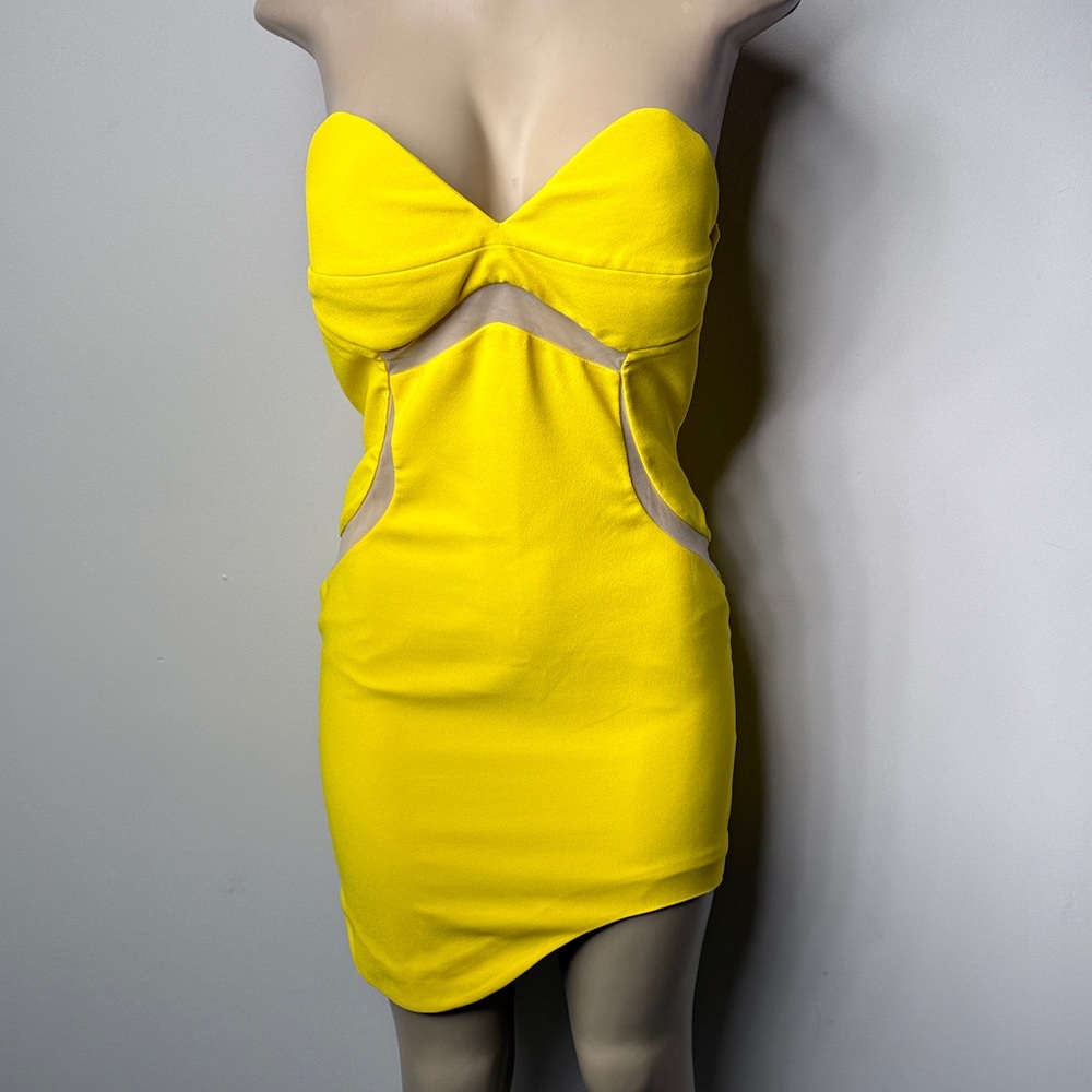 Three Floor Bright Yellow Strapless Cutout Mini Dress
